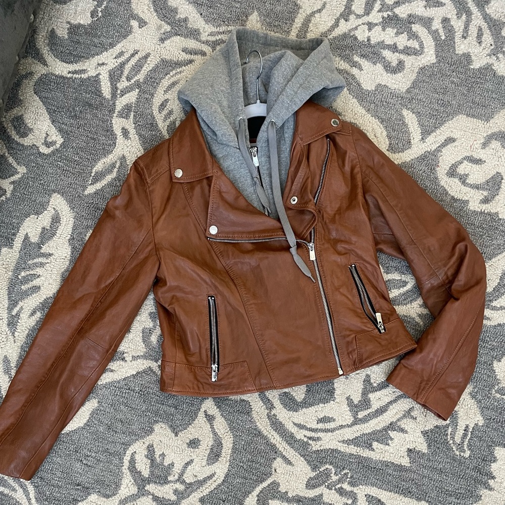 Bod & Christensen Brown Lambskin Leather Moto Jacket- Detachable Hood Lg - Picture 1 of 6